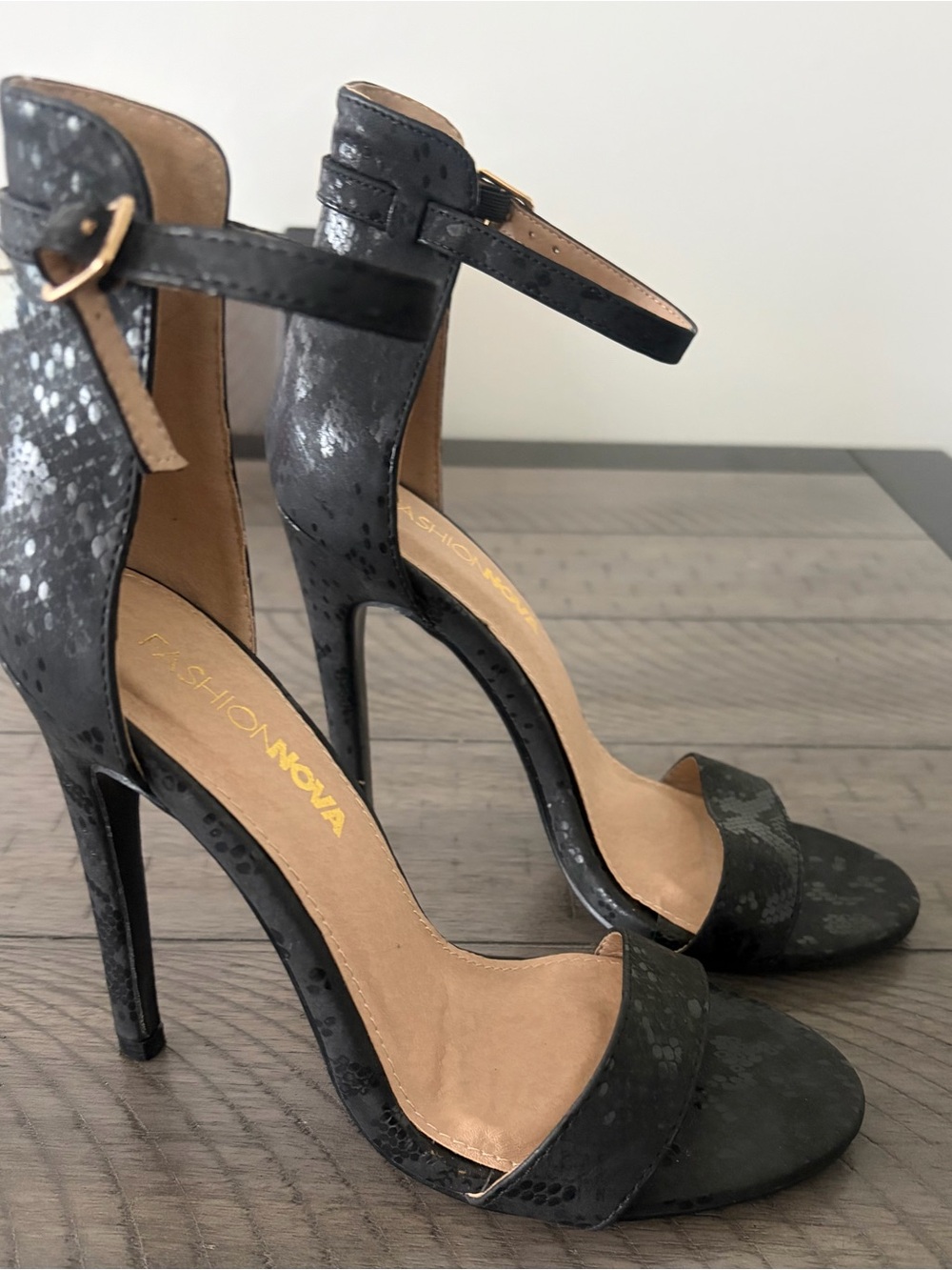 Fashion Nova Black Snake-Skin Ankle-Strap Stiletto Heels